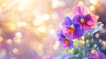 A stunningly beautiful display of pansy flowers showcasing an array of vibrant hues including purple, pink, and orange, all set against a dreamy, enchanting bokeh background that captivates the eye photo