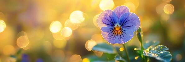 A stunning closeup photograph of a beautiful pansy flower that showcases its delicate petals and vibrant colors, all beautifully illuminated by warm, soft light in the background photo