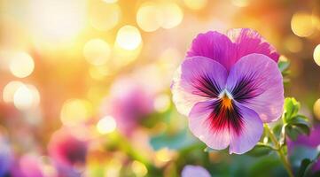 Here we have a stunning closeup of a vibrant and colorful pansy flower, beautifully showcasing its intricate and delicate petals in vivid colors set against a softly blurred and glowing background photo