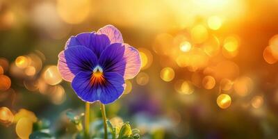 A stunning pansy flower, showcasing vibrant purple and yellow hues, is beautifully basking in the warm sunlight. It stands out amidst a blurred background filled with a variety of garden colors photo
