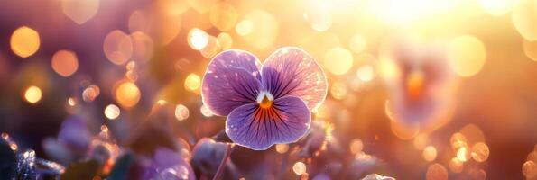 A beautiful pansy flower is illuminated by warm sunlight, showcasing its vibrant purple petals and delicate structure against a softly blurred bokeh background that enhances its beauty photo