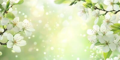 Delicate white blossoms elegantly framed in a serene and soft green setting, complemented by sparkling bokeh photo