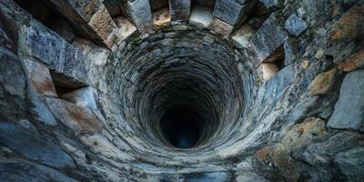 An intriguing and captivating view of a deep stone well, beautifully showcasing its remarkable historical craftsmanship photo