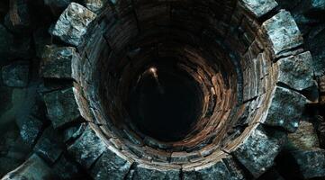 A captivating view into a deep, dark well that is surrounded by beautifully textured stone walls on all sides photo