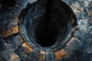 A deep, dark well features a captivating circular stone interior adorned with intriguing mossy textures photo