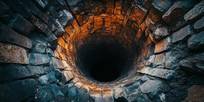 An enchanting view into a deep stone well that is beautifully illuminated by a warm and inviting light photo