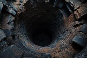 A captivating and picturesque view of a deep stone well, showcasing its intricate patterns and dark, mysterious depths photo