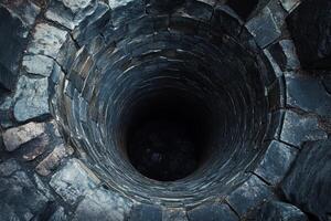 A closeup view of an ancient stone well leading deep into darkness, evoking an atmosphere of intrigue and mystery photo
