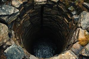 A deep, circular stone well with clear water visible at its bottom, situated in a rugged, natural outdoor environment photo