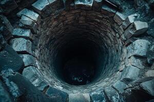 A deep, dark well with very sturdy stone walls, creating an aura that evokes a sense of mystery and great depth photo