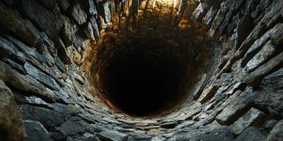 A deep, stonewalled well, brilliantly illuminated from above, creating an eerie yet truly intriguing atmosphere photo