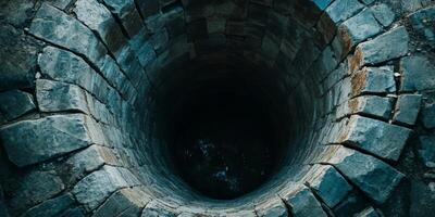 A mesmerizing and enchanting view into a deep stone well, evoking an overwhelming sense of mystery and depth photo