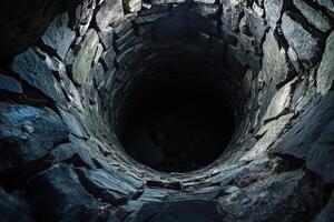 Experience a captivating view of a deep stone well, highlighting its intricate structure and the darkness below photo