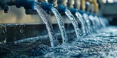A vibrant and dynamic view of water steadily flowing from industrial pipes, showcasing both efficiency and fluidity photo
