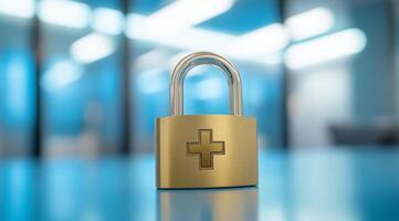 A padlock, a powerful symbol representing data security in the healthcare industry, emphasizes the critical importance of safeguarding patient information within medical and hospital environments photo