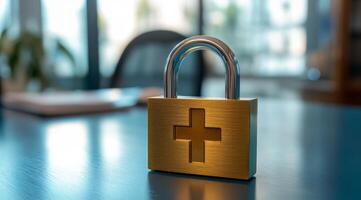 A robust padlock prominently featuring a healthcare cross icon, symbolizing the vital importance of security in effectively managing and safeguarding sensitive hospital data and information photo