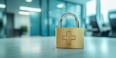 The padlock symbolizes the vital need for strong data security in healthcare, emphasizing the importance of protecting sensitive patient information from unauthorized access or breaches photo