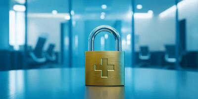A robust padlock symbolizes healthcare data security, emphasizing the need to protect sensitive patient information from unauthorized access, thus ensuring confidentiality and trust photo