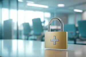 This visual representation highlights data security in healthcare, featuring a padlock icon in a hospital, symbolizing the protection of sensitive patient information and its importance for privacy photo