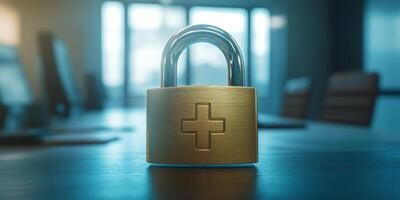 A strong padlock represents robust data security in healthcare, emphasizing the crucial need to protect patient information in hospitals, where privacy is essential for all involved photo