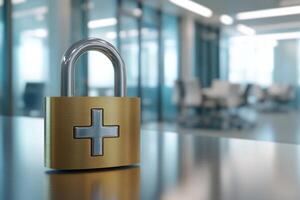 This is a visual representation depicting healthcare data security, showcasing a robust padlock in a contemporary hospital setting, symbolizing the crucial protection of sensitive information photo