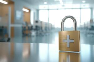 A padlock symbolizes data security in healthcare, emphasizing the need to protect sensitive patient information and maintain confidentiality to ensure trust and safety for everyone photo