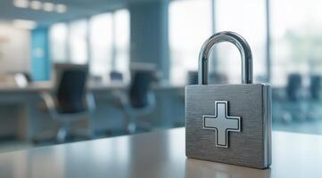A padlock icon symbolizing the critical importance of data security within healthcare environments, emphasizing the essential need to protect sensitive patient information and maintain privacy photo