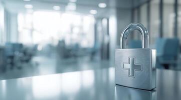 A padlock symbolizes secure healthcare data management in hospitals, emphasizing the need for strong security measures to protect sensitive patient information from unauthorized access photo