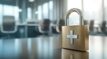 This visual effectively illustrates data security in healthcare, featuring a padlock in a hospital setting, emphasizing the importance of safeguarding sensitive patient information photo