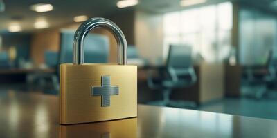 A padlock icon serves as a powerful symbol of healthcare data security within a hospital environment, emphasizing the crucial significance of effectively safeguarding sensitive patient information photo