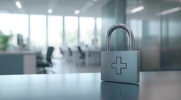 A padlock symbolizes healthcare data security, emphasizing the need to protect patient information in hospitals to maintain trust and ensure safety for all involved in the process photo