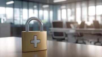 This image emphasizes healthcare data security, showcasing a padlock in a hospital, symbolizing the crucial protection of sensitive patient information and privacy rights that must be maintained photo