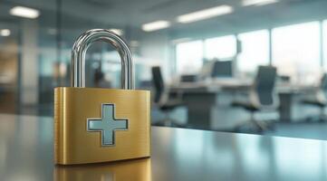 A golden padlock symbolizes the critical need for security in healthcare data, prominently displayed in a modern hospital, emphasizing the importance of safeguarding sensitive patient information photo