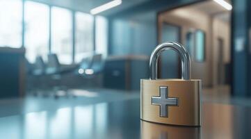 A padlock symbolizes the importance of healthcare data security, highlighting the need to protect sensitive medical information from unauthorized access to ensure patient privacy and trust photo