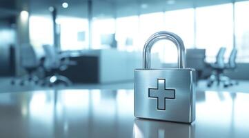 This image illustrates the importance of healthcare data security, featuring a padlock icon in a hospital, emphasizing the need for protection and confidentiality in this vital sector photo