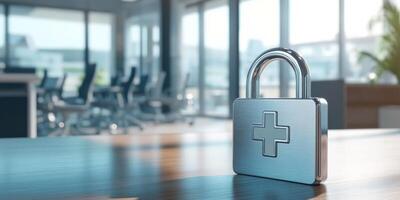A sleek and modern padlock representing data security within a healthcare setting, emphasizing the critical importance of safeguarding patient information in hospitals and medical facilities photo