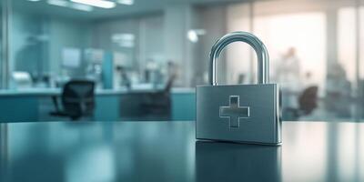 A padlock symbolizes the critical need for strong data security in healthcare, highlighting the urgency to protect sensitive patient information while maintaining privacy and trust photo