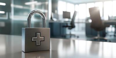 This visual shows healthcare data security, with a padlock in a hospital, highlighting the importance of protecting sensitive patient information from unauthorized access to ensure trust and safety photo