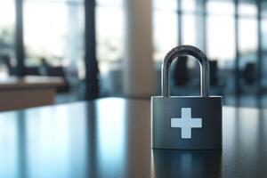 A strong padlock symbolizes the security of healthcare data in hospitals, emphasizing the need to protect sensitive information for patient privacy and trust between patients and providers photo