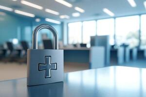 This image symbolizes healthcare data security, featuring a padlock in a hospital, emphasizing the importance of protecting sensitive patient data and maintaining privacy diligently photo