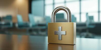 A padlock represents the importance of healthcare data security in hospitals, emphasizing the need to protect sensitive patient information from unauthorized access and breaches that threaten privacy photo