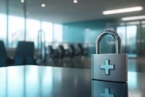 A padlock symbolizes data security in healthcare, highlighting the need to protect sensitive patient information and maintain strict confidentiality protocols to ensure patient privacy photo