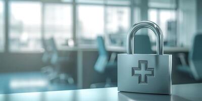 A padlock symbolizes the need to securely protect valuable healthcare data, highlighting the importance of safeguarding sensitive patient information across all digital systems today photo