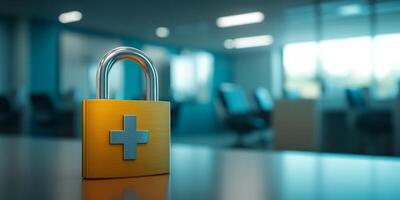 A padlock serves as an important symbol for healthcare data security in a hospital environment, highlighting how crucial it is to safeguard sensitive patient information from unauthorized access photo