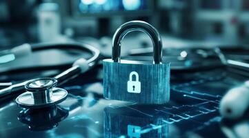 A padlock symbolizes the importance of safeguarding healthcare data in hospitals, highlighting the need to maintain patient confidentiality and enforce strong data protection measures photo