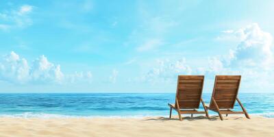 Two comfy beach chairs are set up overlooking a tranquil ocean, all under a bright and clear blue sky photo