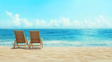 A serene beach scene with two lounge chairs by the sparkling ocean, perfect for relaxation and enjoyment photo