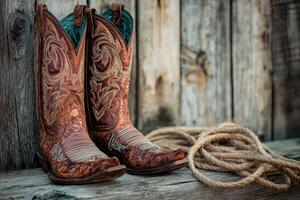 A beautifully crafted pair of cowboy boots elegantly sits beside a wellcoiled rope, showcasing rustic charm and authentic Western style against a backdrop of weathered wooden textures and colors photo