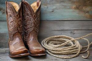 This image showcases stylish brown cowboy boots and a coiled rope on a rustic wooden background, creating an inviting atmosphere ideal for Westernthemed decor, adding charm to the space photo