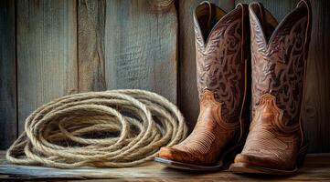 A striking pair of brown cowboy boots placed beside a neatly coiled lasso, perfectly capturing the true essence of Western style and culture against a rustic wooden backdrop that enhances the scene photo